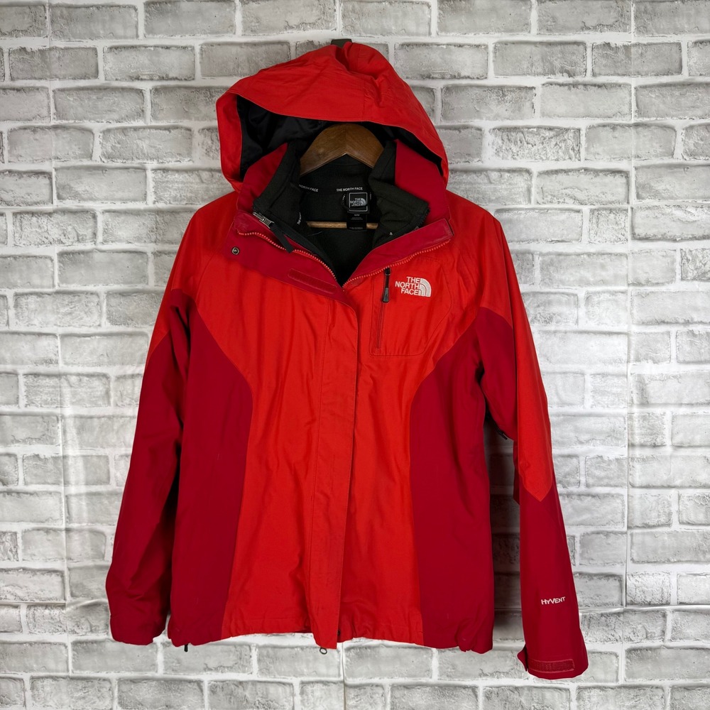 The North Face HyVent Hooded Rain Jacket Womens Medium Red Fleece Lined AFYT F09